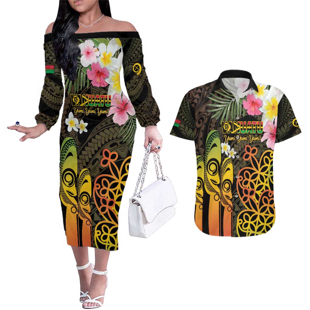 Personalised Vanuatu Independence Day Couples Matching Off The Shoulder Long Sleeve Dress and Hawaiian Shirt Carving Drum Sand Drawing Turtle LT14 Black - Polynesian Pride