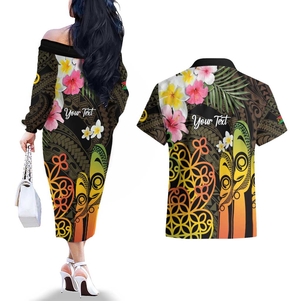 Personalised Vanuatu Independence Day Couples Matching Off The Shoulder Long Sleeve Dress and Hawaiian Shirt Carving Drum Sand Drawing Turtle LT14 - Polynesian Pride
