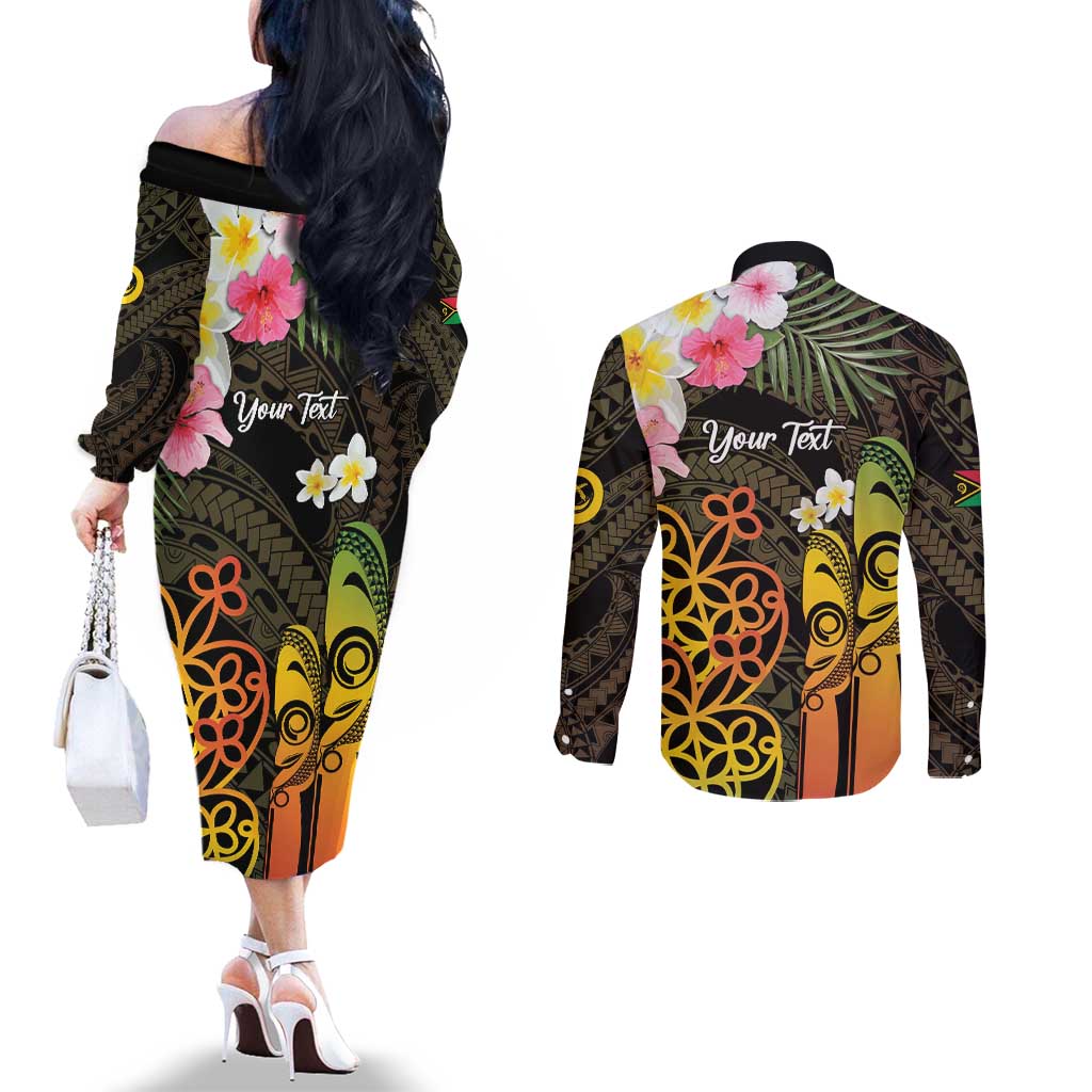 Personalised Vanuatu Independence Day Couples Matching Off The Shoulder Long Sleeve Dress and Long Sleeve Button Shirt Carving Drum Sand Drawing Turtle