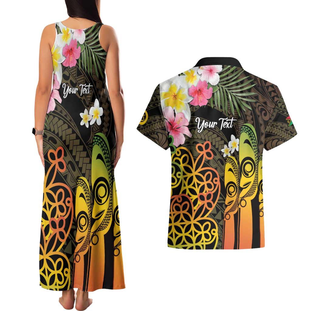 Personalised Vanuatu Independence Day Couples Matching Tank Maxi Dress and Hawaiian Shirt Carving Drum Sand Drawing Turtle