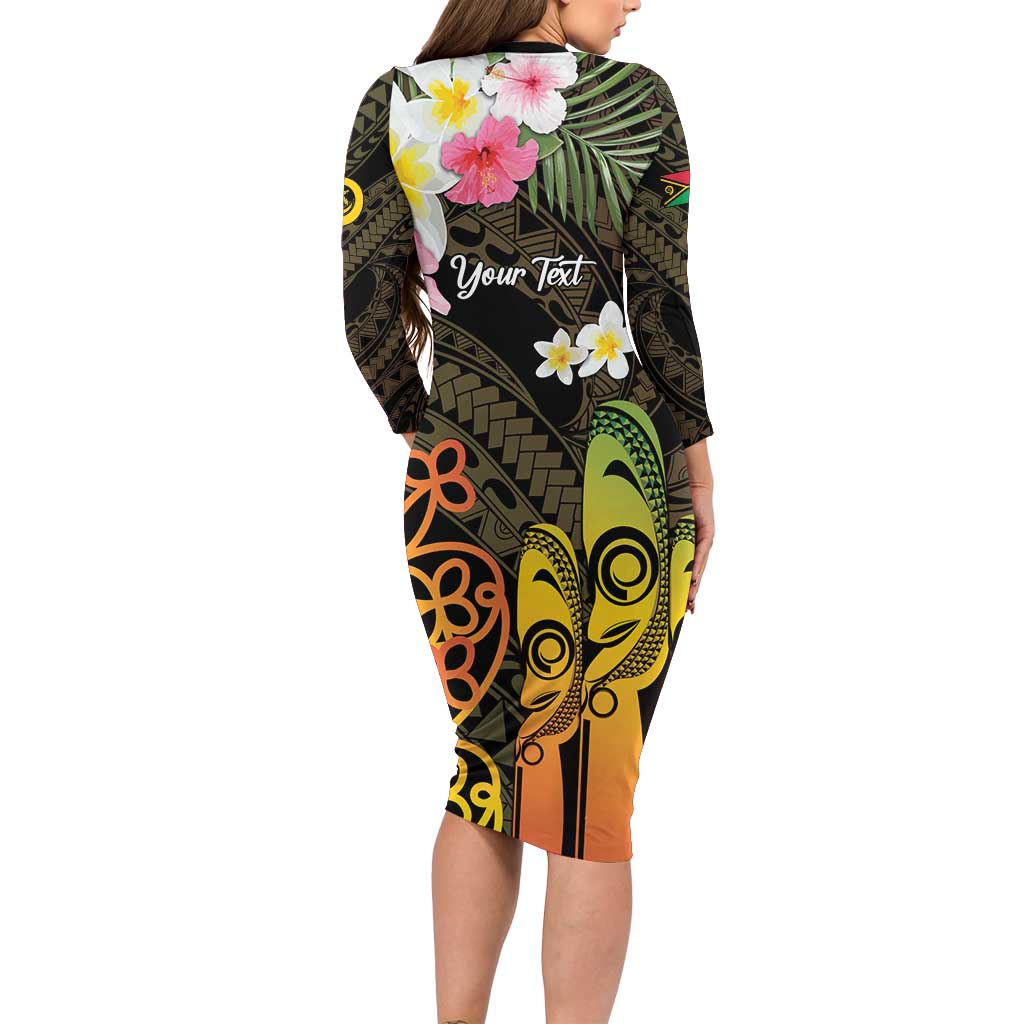 Personalised Vanuatu Independence Day Family Matching Long Sleeve Bodycon Dress and Hawaiian Shirt Carving Drum Sand Drawing Turtle LT14 - Polynesian Pride
