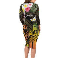Personalised Vanuatu Independence Day Family Matching Long Sleeve Bodycon Dress and Hawaiian Shirt Carving Drum Sand Drawing Turtle LT14 - Polynesian Pride