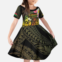 Personalised Vanuatu Independence Day Family Matching Mermaid Dress and Hawaiian Shirt Carving Drum Sand Drawing Turtle LT14 Daughter's Dress Black - Polynesian Pride