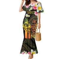 Personalised Vanuatu Independence Day Family Matching Mermaid Dress and Hawaiian Shirt Carving Drum Sand Drawing Turtle LT14 Mom's Dress Black - Polynesian Pride