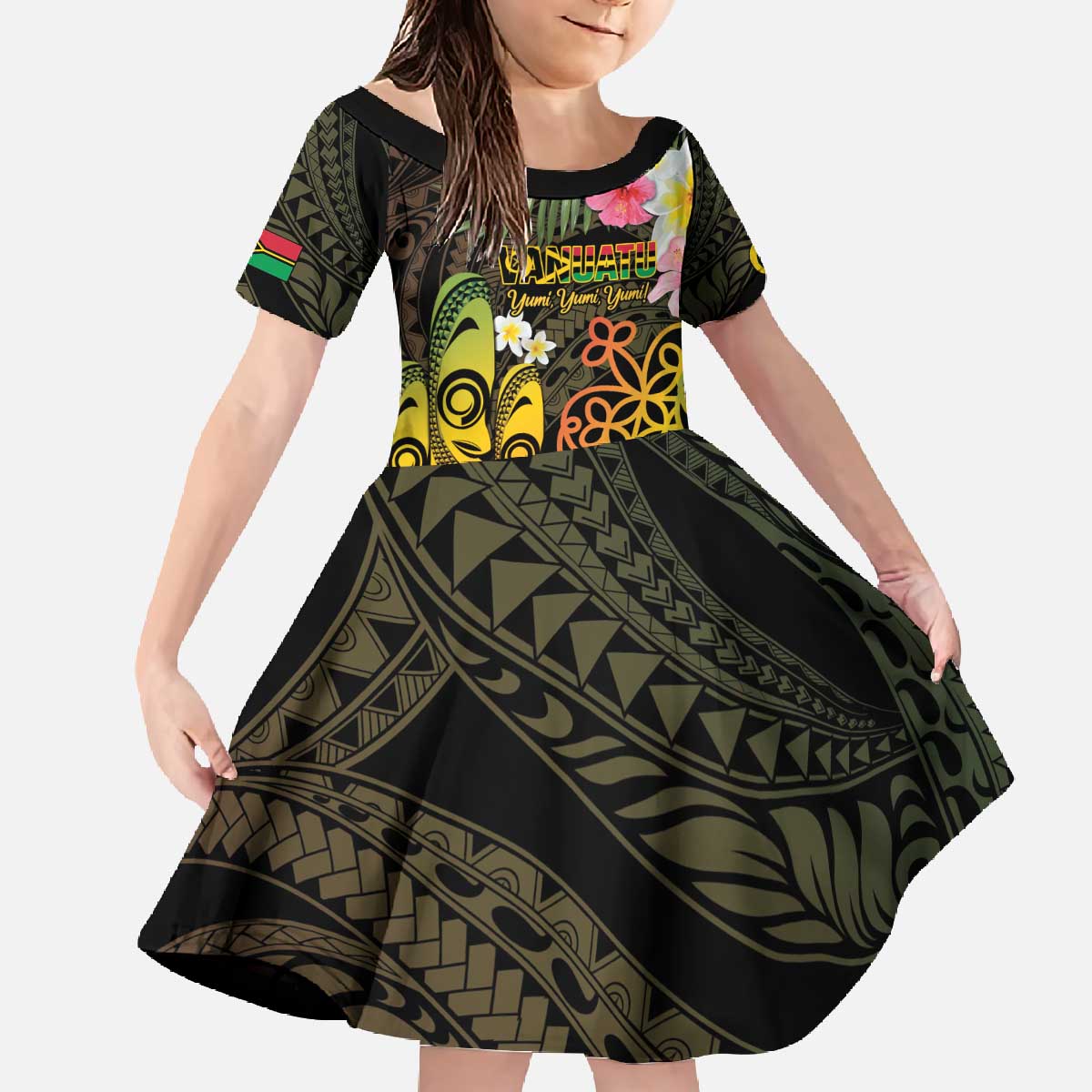 Personalised Vanuatu Independence Day Family Matching Off The Shoulder Long Sleeve Dress and Hawaiian Shirt Carving Drum Sand Drawing Turtle LT14 Daughter's Dress Black - Polynesian Pride