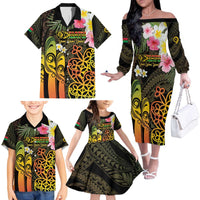 Personalised Vanuatu Independence Day Family Matching Off The Shoulder Long Sleeve Dress and Hawaiian Shirt Carving Drum Sand Drawing Turtle LT14 - Polynesian Pride