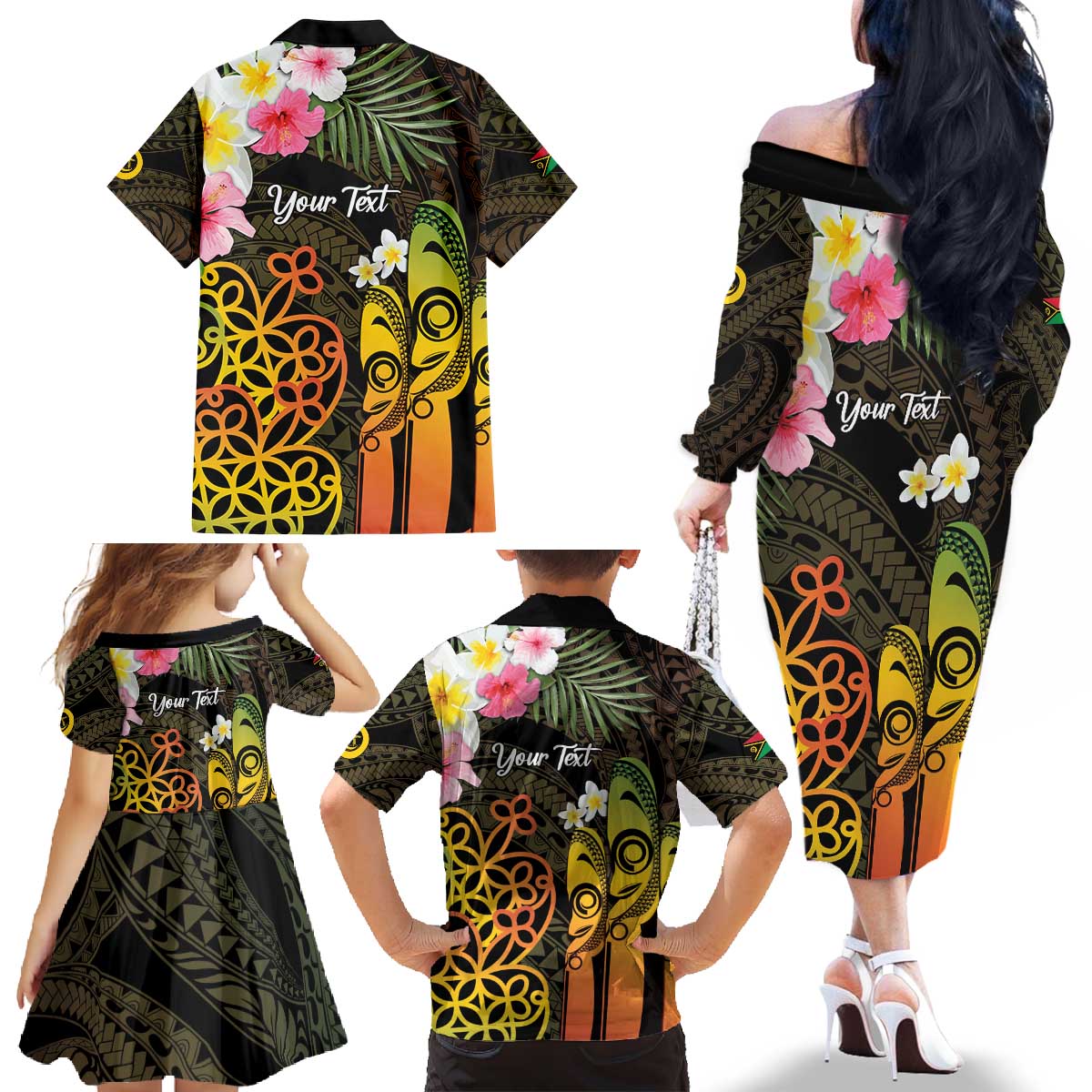Personalised Vanuatu Independence Day Family Matching Off The Shoulder Long Sleeve Dress and Hawaiian Shirt Carving Drum Sand Drawing Turtle LT14 - Polynesian Pride