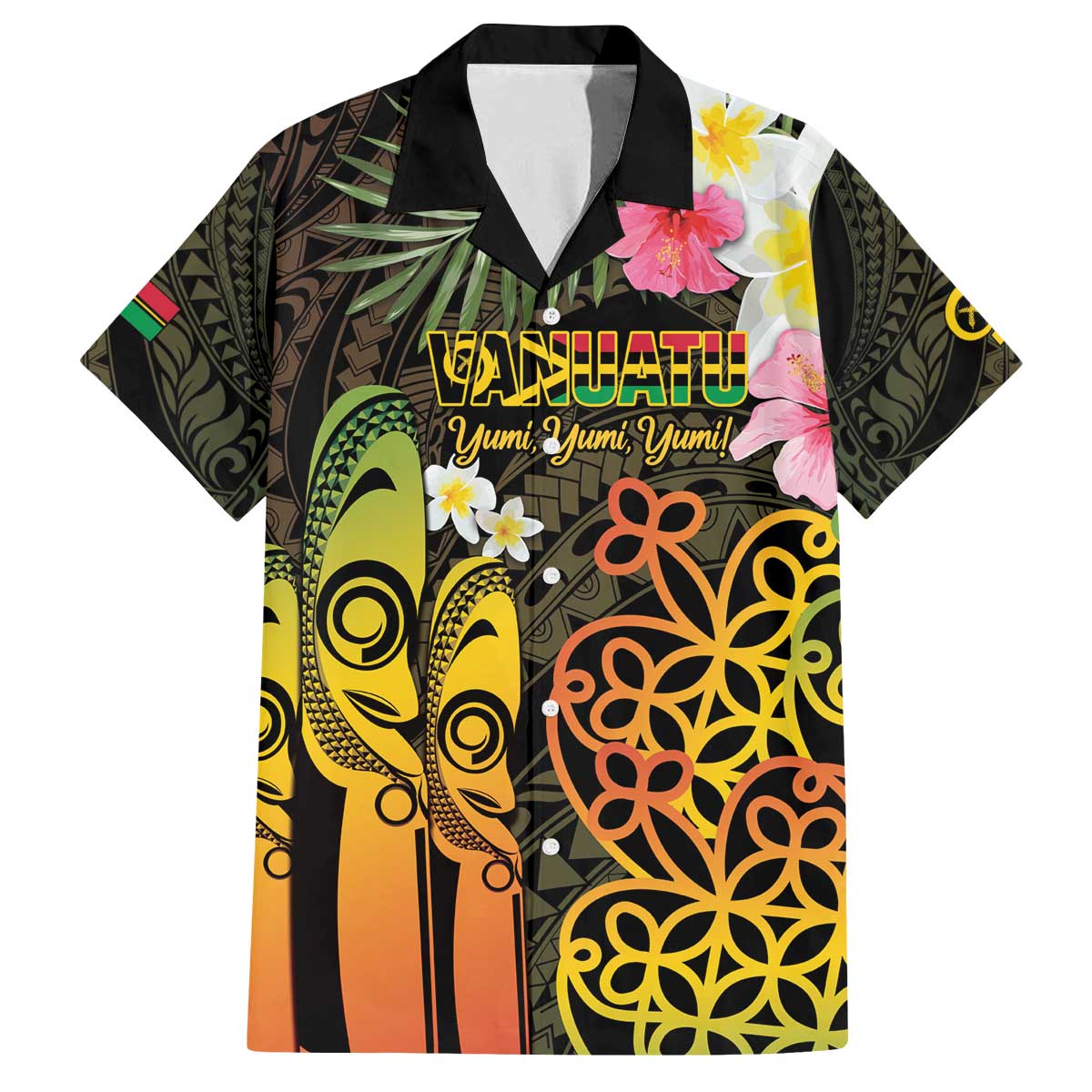 Personalised Vanuatu Independence Day Family Matching Off The Shoulder Long Sleeve Dress and Hawaiian Shirt Carving Drum Sand Drawing Turtle LT14 Dad's Shirt - Short Sleeve Black - Polynesian Pride