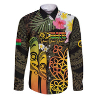 Personalised Vanuatu Independence Day Family Matching Off The Shoulder Long Sleeve Dress and Hawaiian Shirt Carving Drum Sand Drawing Turtle LT14 Dad's Shirt - Long Sleeve Black - Polynesian Pride