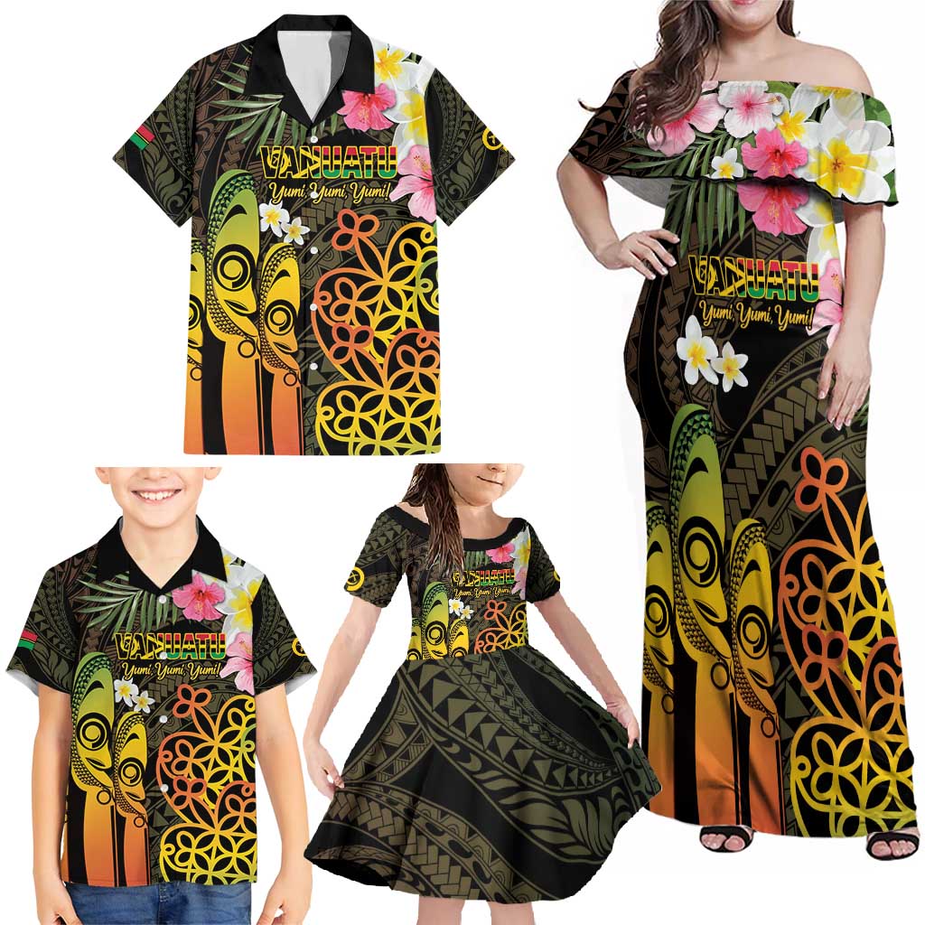 Personalised Vanuatu Independence Day Family Matching Off Shoulder Maxi Dress and Hawaiian Shirt Carving Drum Sand Drawing Turtle