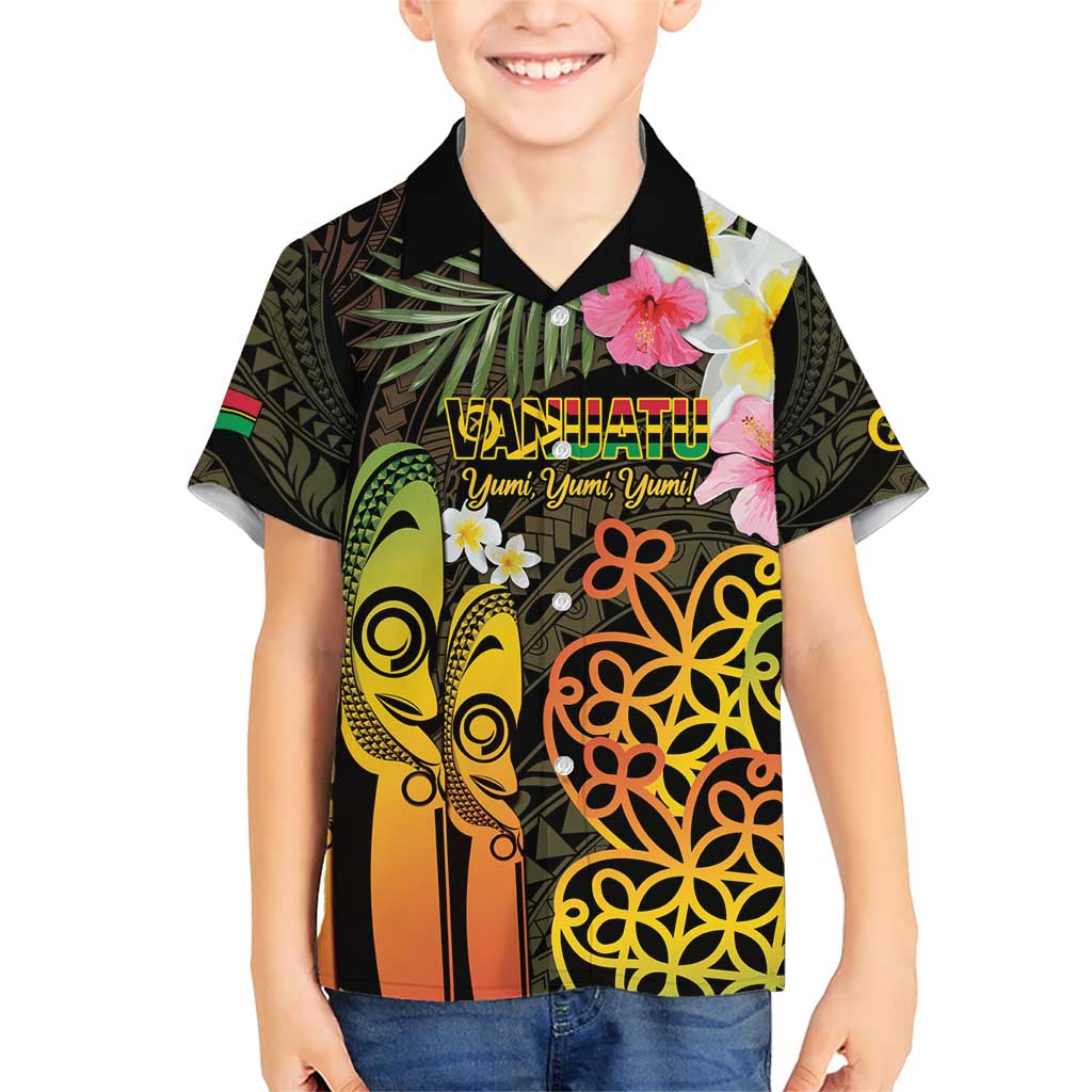 Personalised Vanuatu Independence Day Family Matching Short Sleeve Bodycon Dress and Hawaiian Shirt Carving Drum Sand Drawing Turtle LT14 Son's Shirt Black - Polynesian Pride