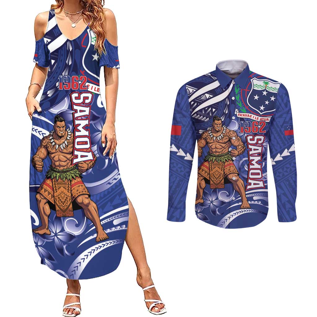 Samoa Independence Day Couples Matching Summer Maxi Dress and Long Sleeve Button Shirt 1962 Proud Samoan Warrior