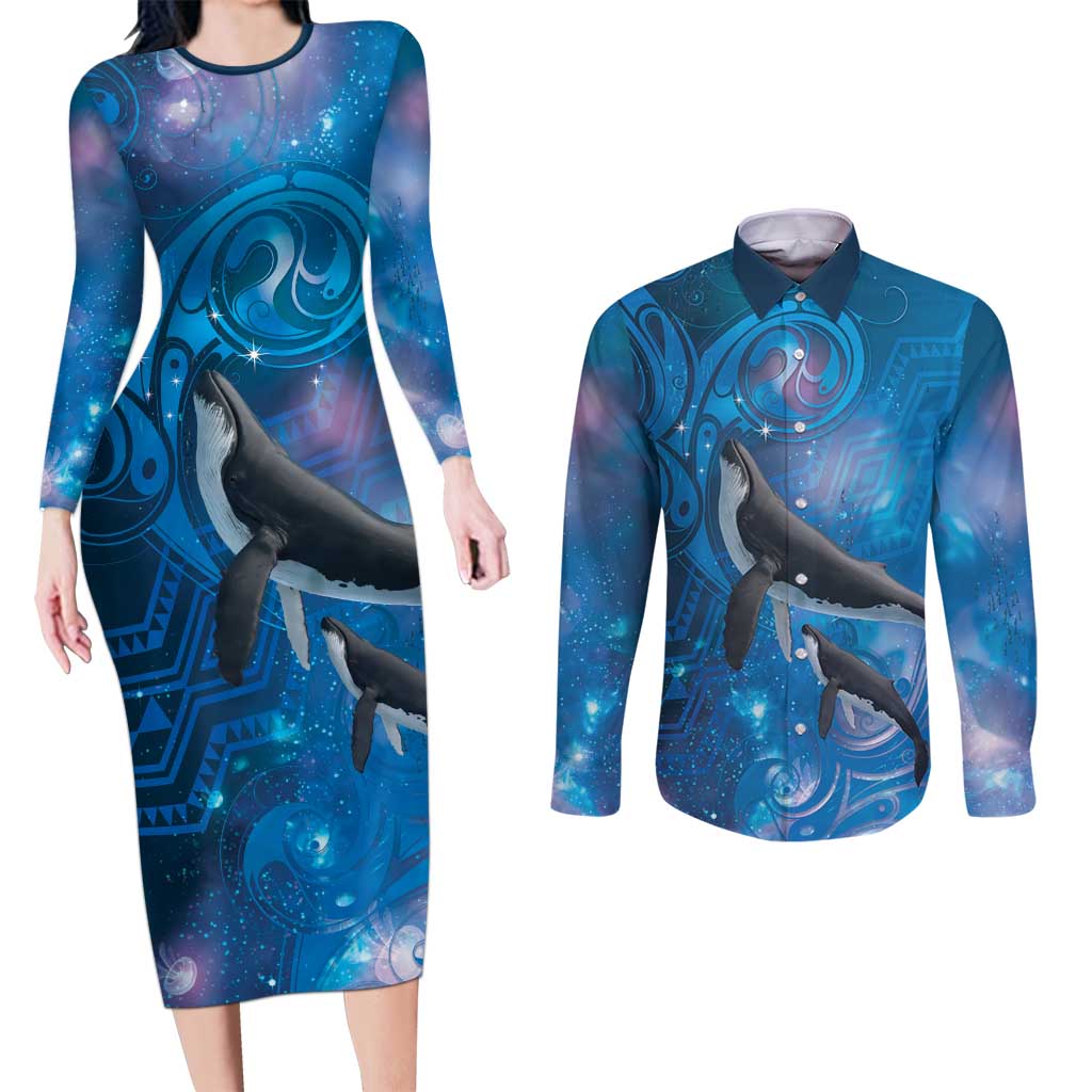 Paikea New Zealand Matariki Couples Matching Long Sleeve Bodycon Dress and Long Sleeve Button Shirt Humpback Whale Taniko Motifs Ocean Vibes LT14 Blue - Polynesian Pride