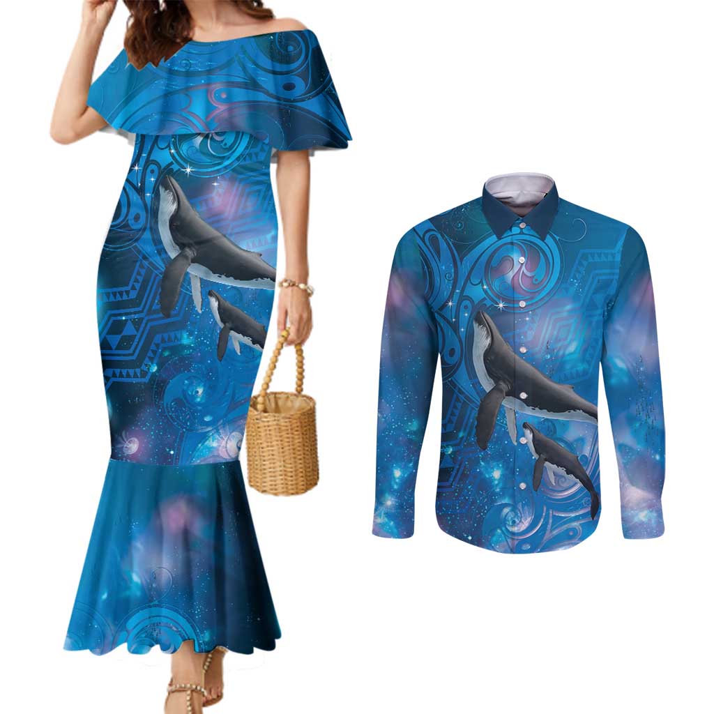 Paikea New Zealand Matariki Couples Matching Mermaid Dress and Long Sleeve Button Shirt Humpback Whale Taniko Motifs Ocean Vibes LT14 Blue - Polynesian Pride