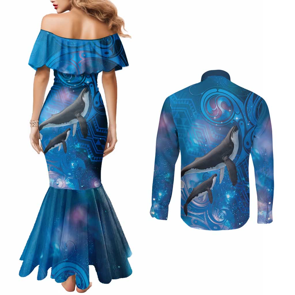 Paikea New Zealand Matariki Couples Matching Mermaid Dress and Long Sleeve Button Shirt Humpback Whale Taniko Motifs Ocean Vibes LT14 - Polynesian Pride