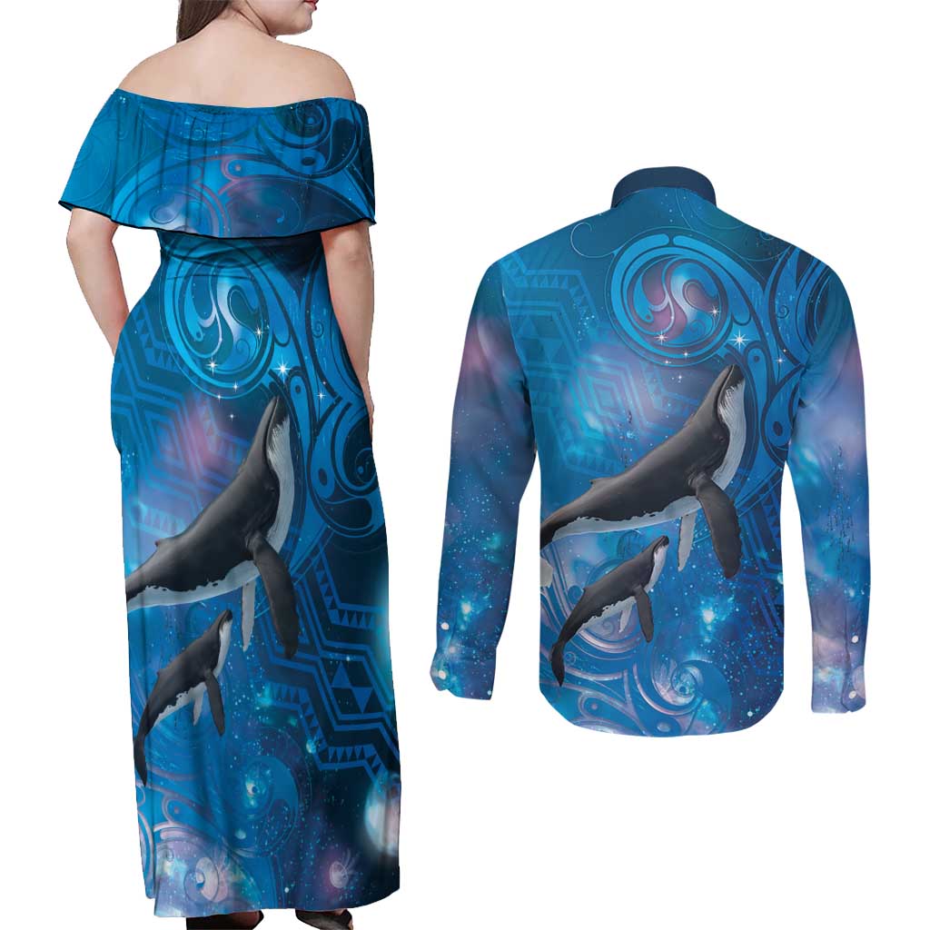 Paikea New Zealand Matariki Couples Matching Off Shoulder Maxi Dress and Long Sleeve Button Shirt Humpback Whale Taniko Motifs Ocean Vibes LT14 - Polynesian Pride