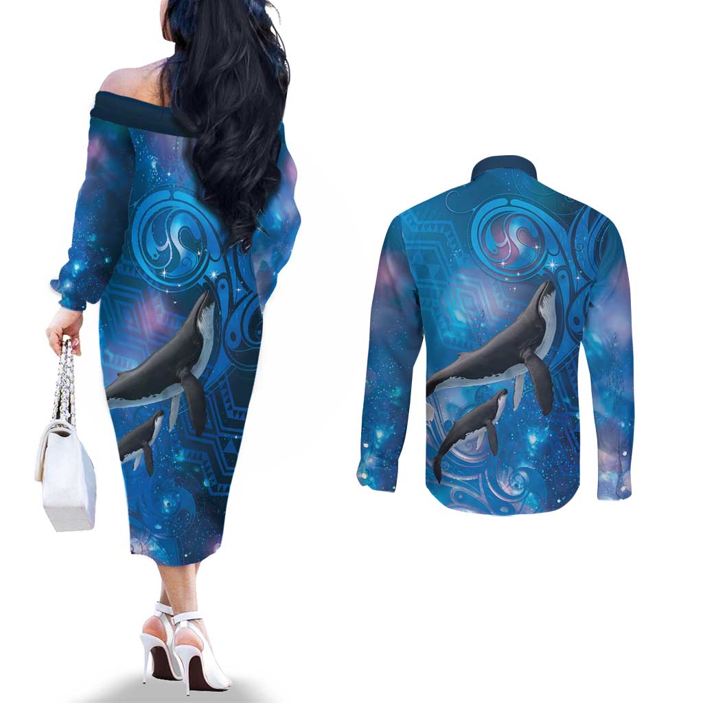 Paikea New Zealand Matariki Couples Matching Off The Shoulder Long Sleeve Dress and Long Sleeve Button Shirt Humpback Whale Taniko Motifs Ocean Vibes LT14 - Polynesian Pride