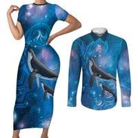 Paikea New Zealand Matariki Couples Matching Short Sleeve Bodycon Dress and Long Sleeve Button Shirt Humpback Whale Taniko Motifs Ocean Vibes LT14 Blue - Polynesian Pride