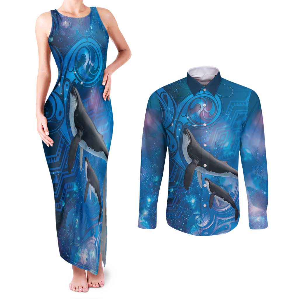 Paikea New Zealand Matariki Couples Matching Tank Maxi Dress and Long Sleeve Button Shirt Humpback Whale Taniko Motifs Ocean Vibes LT14 Blue - Polynesian Pride