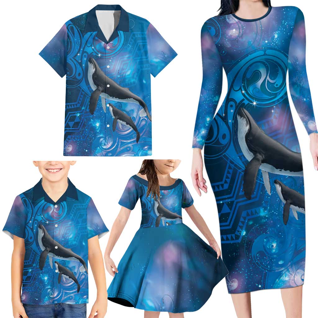 Paikea New Zealand Matariki Family Matching Long Sleeve Bodycon Dress and Hawaiian Shirt Humpback Whale Taniko Motifs Ocean Vibes LT14 - Polynesian Pride