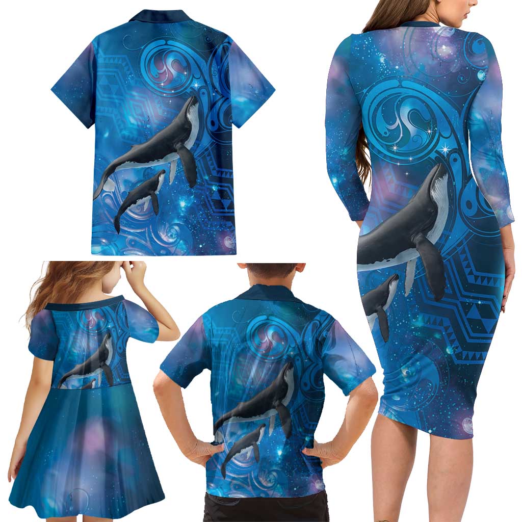 Paikea New Zealand Matariki Family Matching Long Sleeve Bodycon Dress and Hawaiian Shirt Humpback Whale Taniko Motifs Ocean Vibes LT14 - Polynesian Pride