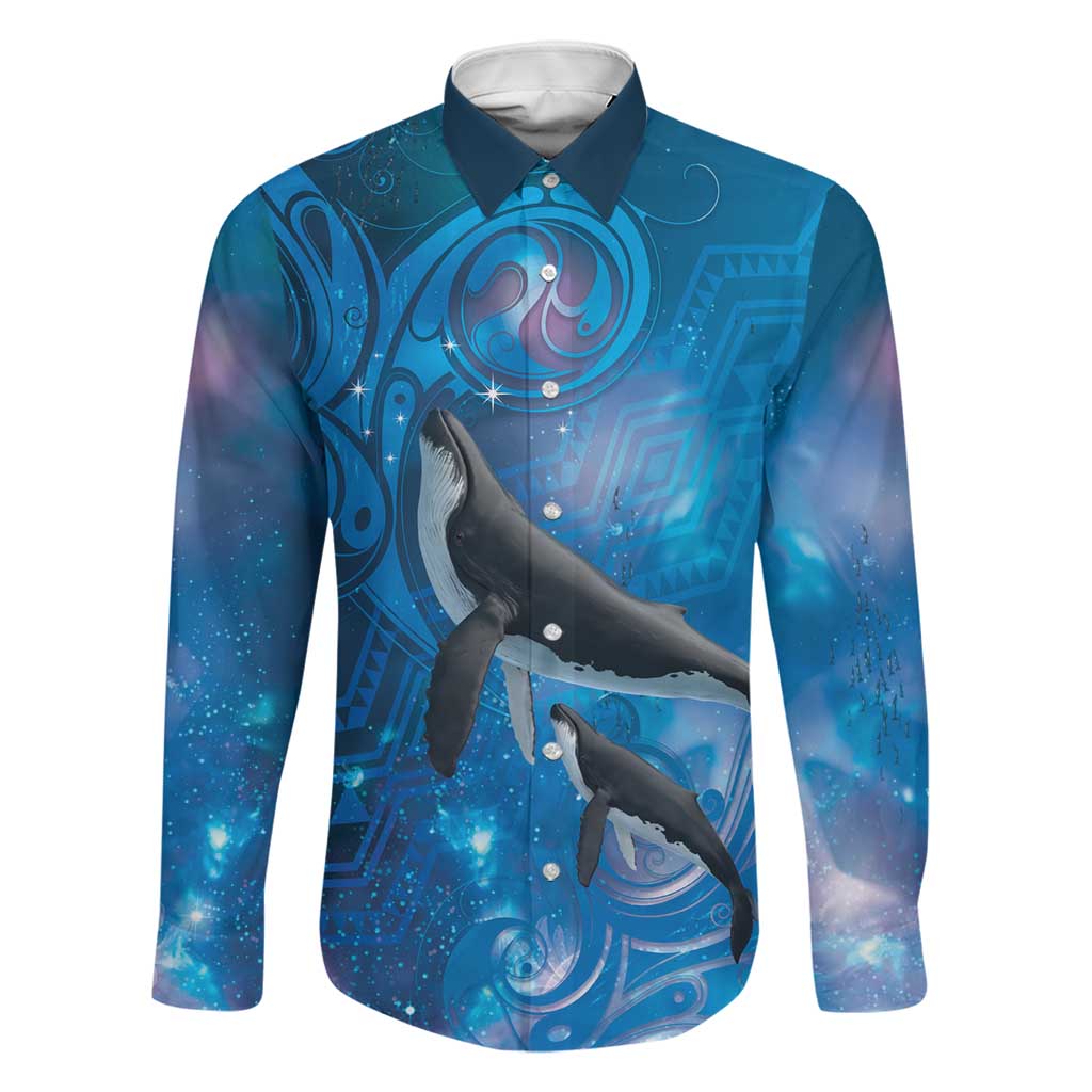 Paikea New Zealand Matariki Family Matching Mermaid Dress and Hawaiian Shirt Humpback Whale Taniko Motifs Ocean Vibes LT14 Dad's Shirt - Long Sleeve Blue - Polynesian Pride