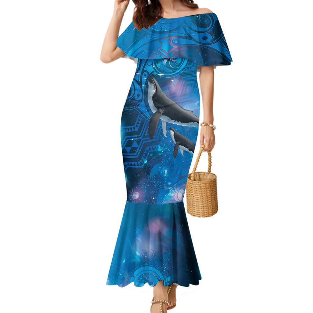 Paikea New Zealand Matariki Family Matching Mermaid Dress and Hawaiian Shirt Humpback Whale Taniko Motifs Ocean Vibes LT14 Mom's Dress Blue - Polynesian Pride