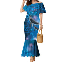 Paikea New Zealand Matariki Family Matching Mermaid Dress and Hawaiian Shirt Humpback Whale Taniko Motifs Ocean Vibes LT14 Mom's Dress Blue - Polynesian Pride
