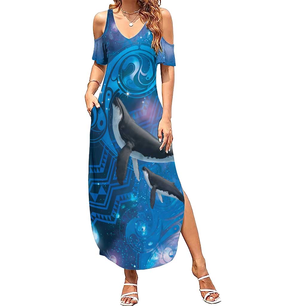 Paikea New Zealand Matariki Family Matching Summer Maxi Dress and Hawaiian Shirt Humpback Whale Taniko Motifs Ocean Vibes LT14 Mom's Dress Blue - Polynesian Pride
