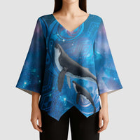 Paikea New Zealand Matariki Kimono Sleeve Blouse Humpback Whale Taniko Motifs Ocean Vibes