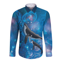 Paikea New Zealand Matariki Long Sleeve Button Shirt Humpback Whale Taniko Motifs Ocean Vibes