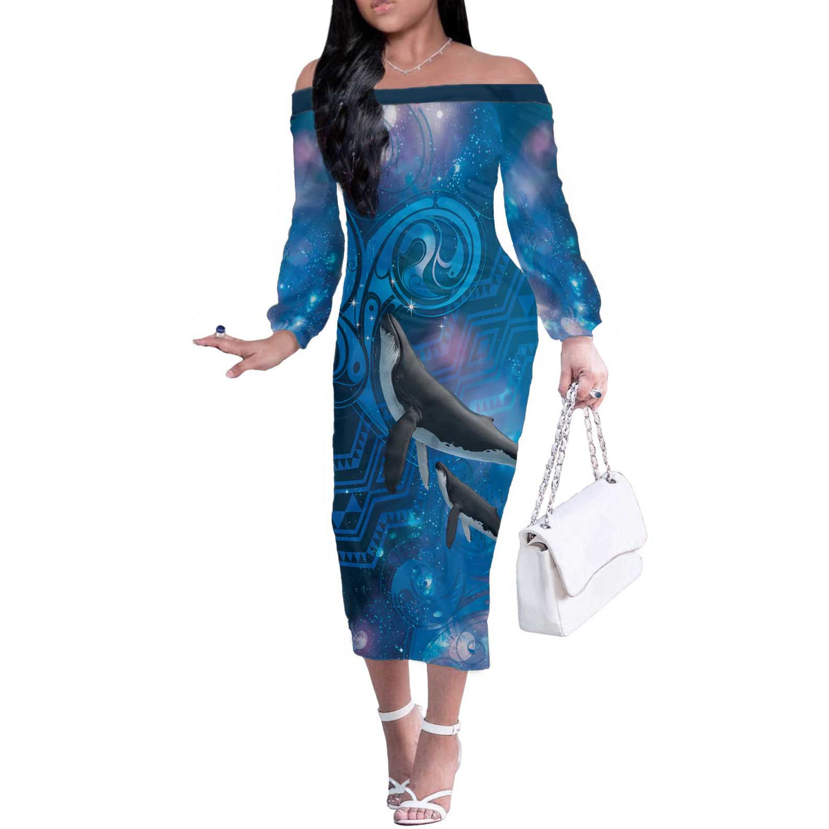 Paikea New Zealand Matariki Off The Shoulder Long Sleeve Dress Humpback Whale Taniko Motifs Ocean Vibes LT14 Women Blue - Polynesian Pride