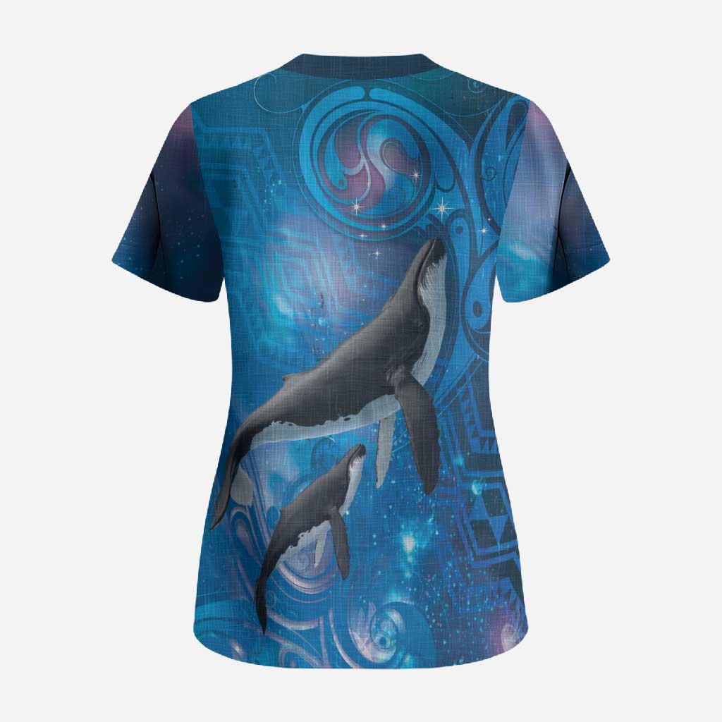 Paikea New Zealand Matariki Scrub Top Humpback Whale Taniko Motifs Ocean Vibes