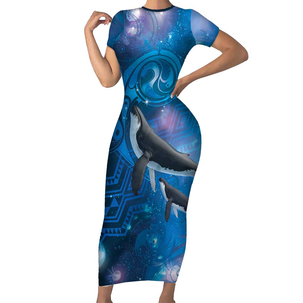 Paikea New Zealand Matariki Short Sleeve Bodycon Dress Humpback Whale Taniko Motifs Ocean Vibes