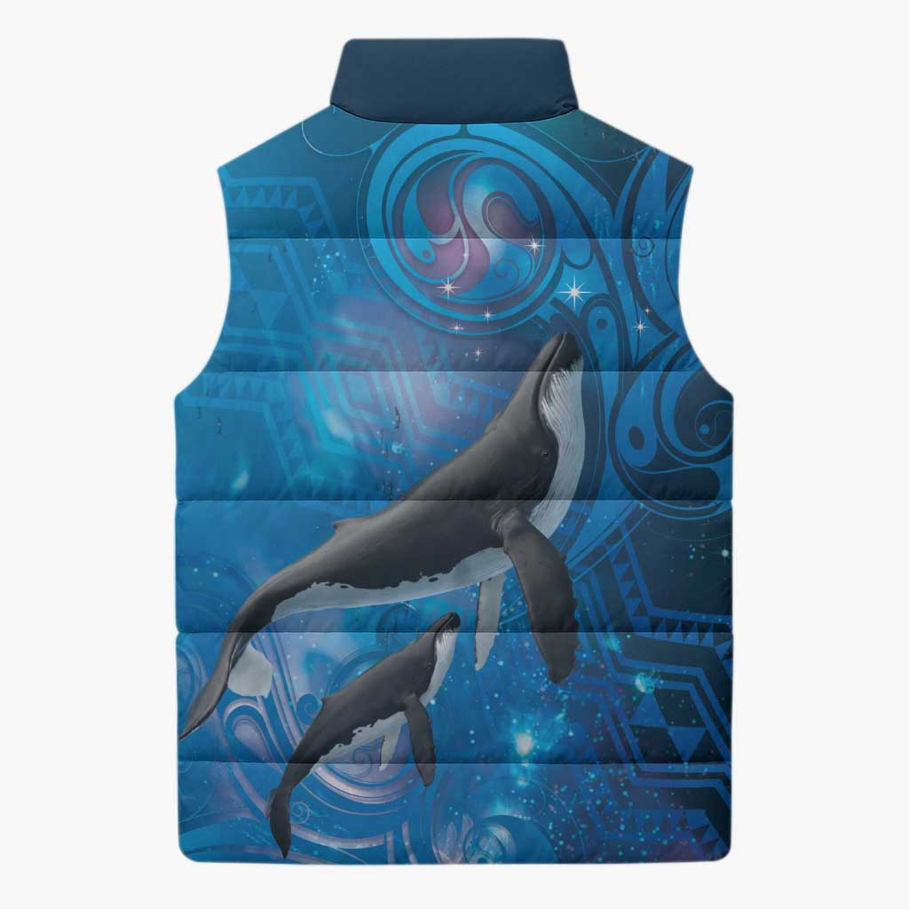 Paikea New Zealand Matariki Sleeveless Puffer Jacket Humpback Whale Taniko Motifs Ocean Vibes