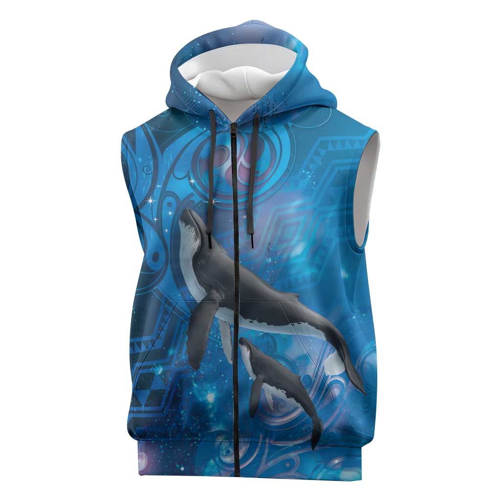 Paikea New Zealand Matariki Sleeveless Zip Hoodie Humpback Whale Taniko Motifs Ocean Vibes LT14 Blue - Polynesian Pride