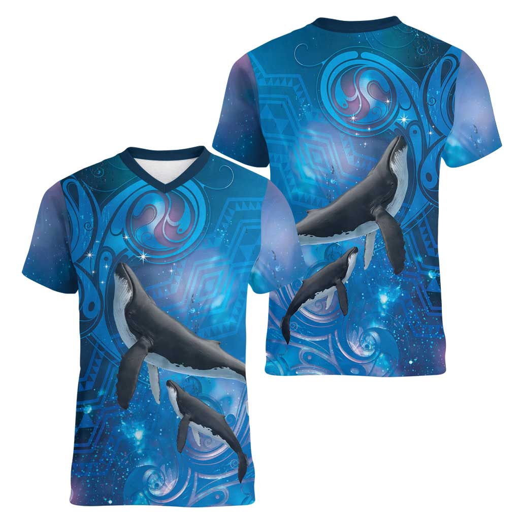 Paikea New Zealand Matariki Women V-Neck T-Shirt Humpback Whale Taniko Motifs Ocean Vibes LT14 - Polynesian Pride