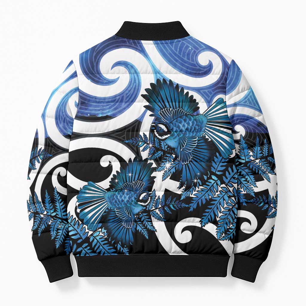 Piwakawaka New Zealand Matariki Bomber Puffer Jacket Maori New Year Silver Fern Blue Galaxy
