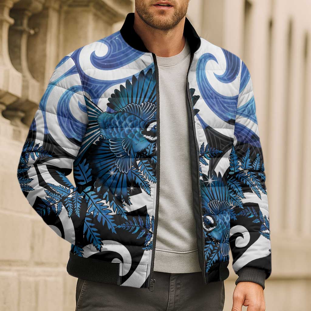 Piwakawaka New Zealand Matariki Bomber Puffer Jacket Maori New Year Silver Fern Blue Galaxy
