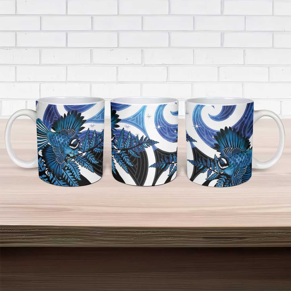 Piwakawaka New Zealand Matariki Ceramic Mug Maori New Year Silver Fern Blue Galaxy