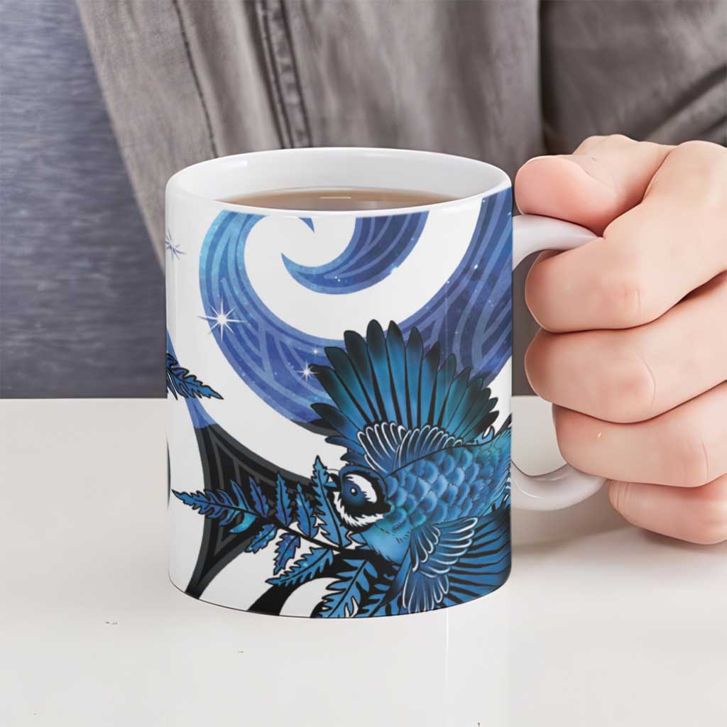 Piwakawaka New Zealand Matariki Ceramic Mug Maori New Year Silver Fern Blue Galaxy