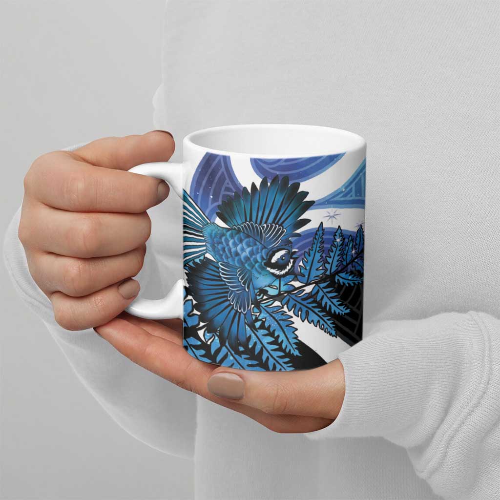Piwakawaka New Zealand Matariki Ceramic Mug Maori New Year Silver Fern Blue Galaxy