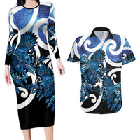Piwakawaka New Zealand Matariki Couples Matching Long Sleeve Bodycon Dress and Hawaiian Shirt Maori New Year Silver Fern Blue Galaxy LT14 Blue - Polynesian Pride