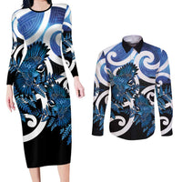 Piwakawaka New Zealand Matariki Couples Matching Long Sleeve Bodycon Dress and Long Sleeve Button Shirt Maori New Year Silver Fern Blue Galaxy LT14 Blue - Polynesian Pride
