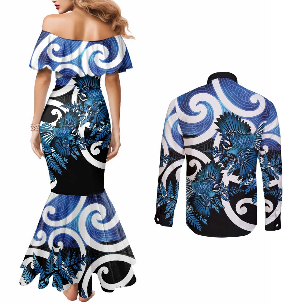 Piwakawaka New Zealand Matariki Couples Matching Mermaid Dress and Long Sleeve Button Shirt Maori New Year Silver Fern Blue Galaxy LT14 - Polynesian Pride