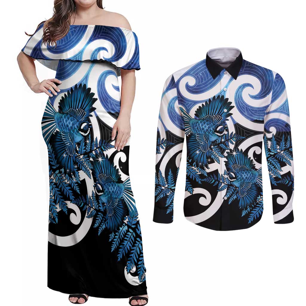 Piwakawaka New Zealand Matariki Couples Matching Off Shoulder Maxi Dress and Long Sleeve Button Shirt Maori New Year Silver Fern Blue Galaxy LT14 Blue - Polynesian Pride