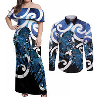 Piwakawaka New Zealand Matariki Couples Matching Off Shoulder Maxi Dress and Long Sleeve Button Shirt Maori New Year Silver Fern Blue Galaxy LT14 Blue - Polynesian Pride