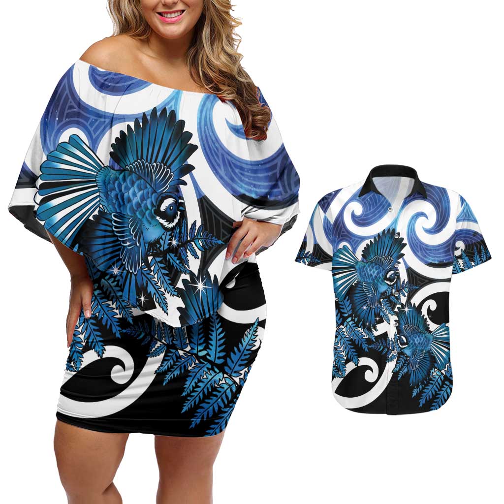 Piwakawaka New Zealand Matariki Couples Matching Off Shoulder Short Dress and Hawaiian Shirt Maori New Year Silver Fern Blue Galaxy