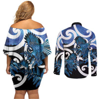 Piwakawaka New Zealand Matariki Couples Matching Off Shoulder Short Dress and Long Sleeve Button Shirt Maori New Year Silver Fern Blue Galaxy LT14 - Polynesian Pride