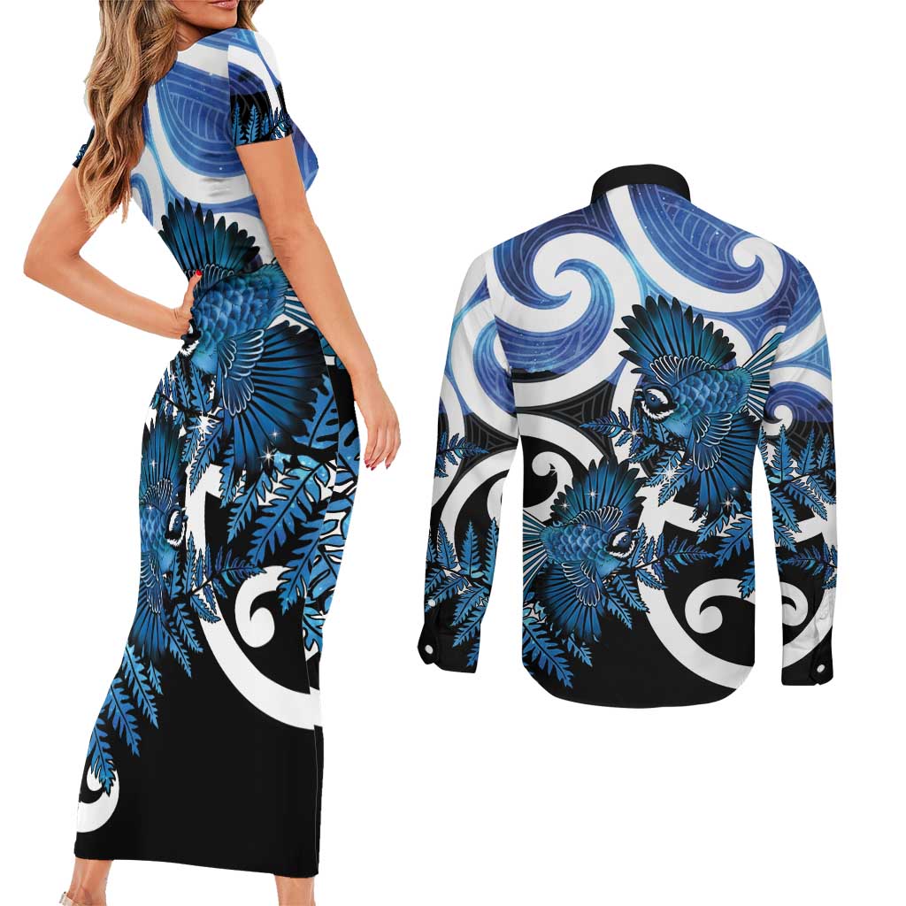 Piwakawaka New Zealand Matariki Couples Matching Short Sleeve Bodycon Dress and Long Sleeve Button Shirt Maori New Year Silver Fern Blue Galaxy LT14 - Polynesian Pride